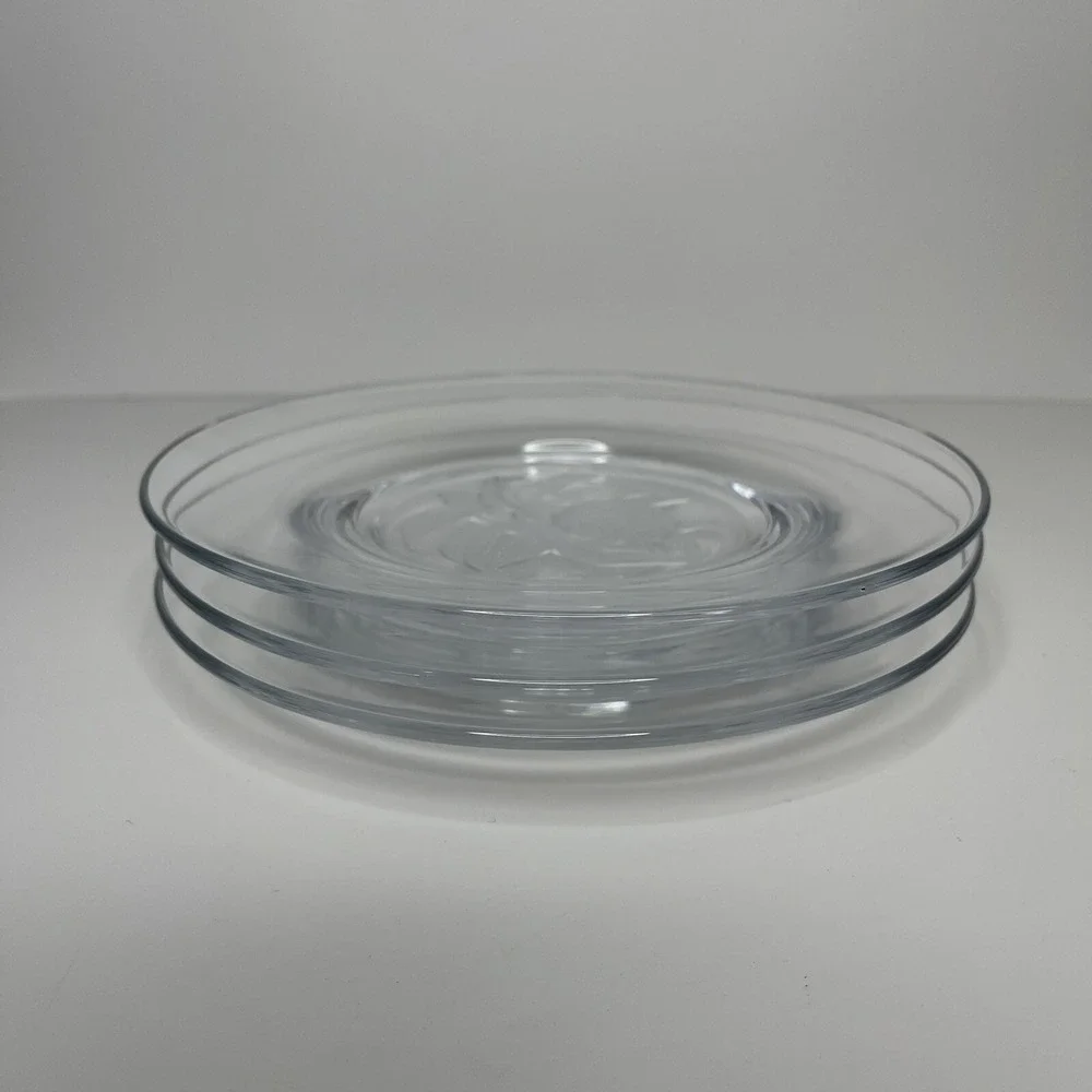 (3) Clear Glass w/ Reverse Frosted Etched‎ Engraved Center Salad Plates 7-3/4
